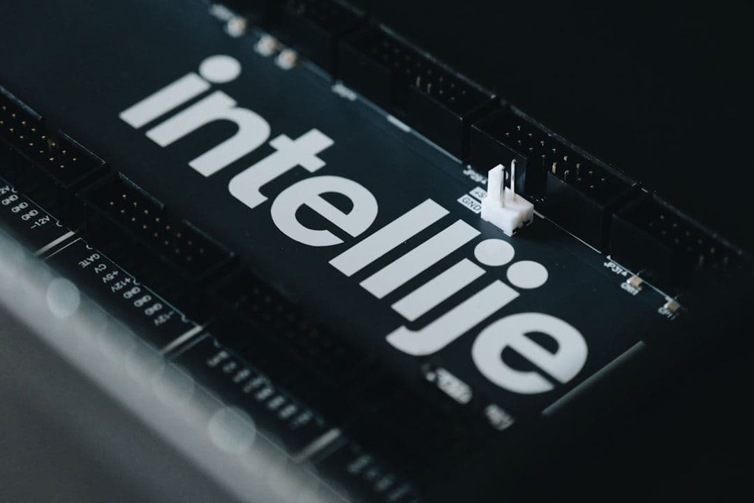 Close-up of the intellij branding on a computer component.